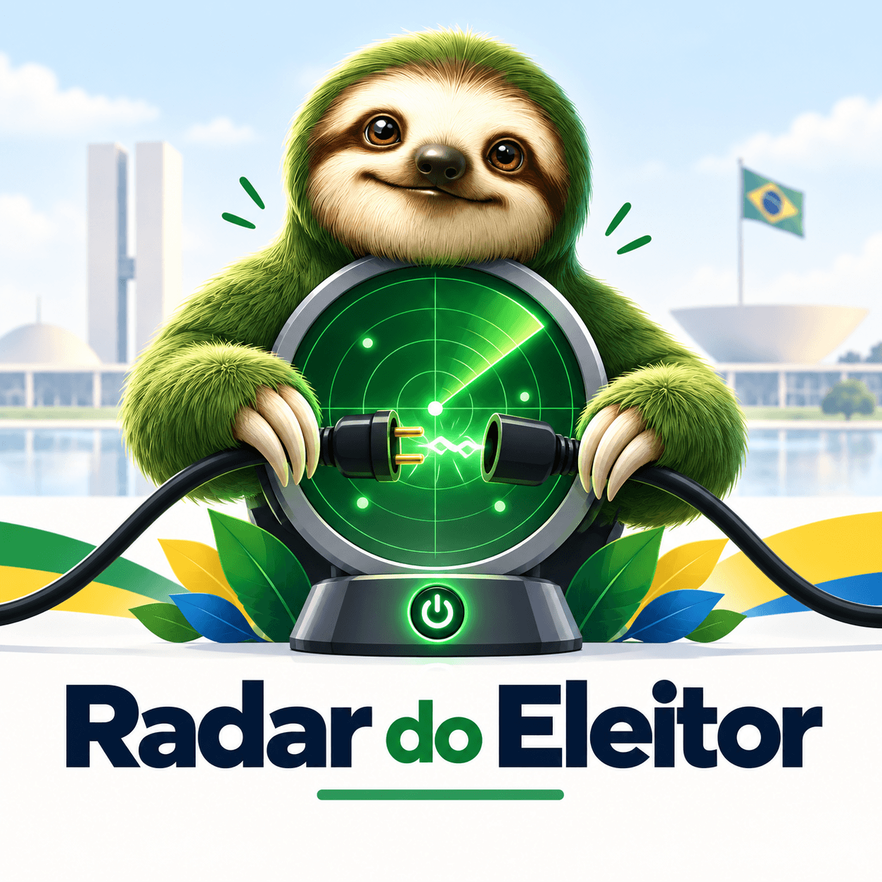 Mascote do Folívora segurando um radar, com o Congresso Nacional ao fundo
